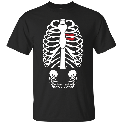 Womens Halloween Pregnancy Announcement Baby Twin Skeleton Shirt_Black