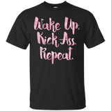 Wake Up Kick Ass Repeat Pink Brush Script Graphic T-Shirt_Black