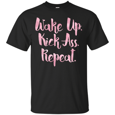 Wake Up Kick Ass Repeat Pink Brush Script Graphic T-Shirt_Black