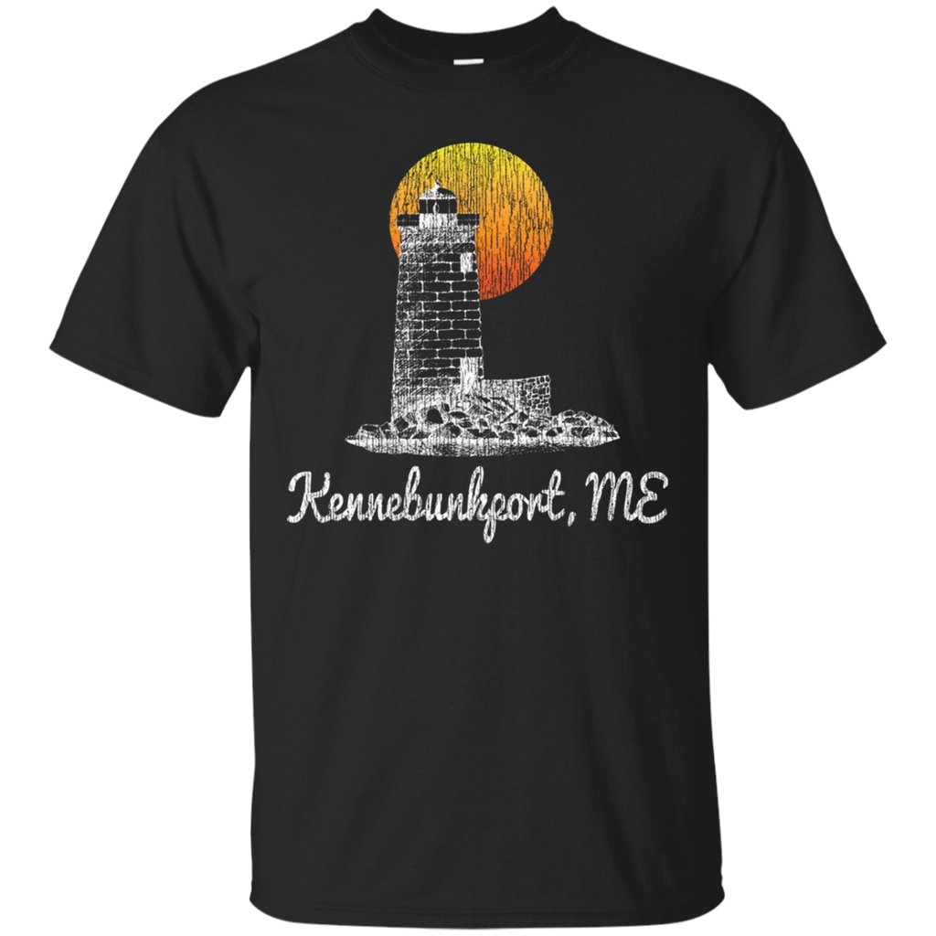 Retro Kennebunkport ME Lighthouse Sunset Distressed T-Shirt_Black