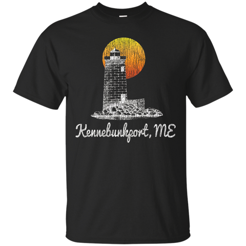 Retro Kennebunkport ME Lighthouse Sunset Distressed T-Shirt_Black