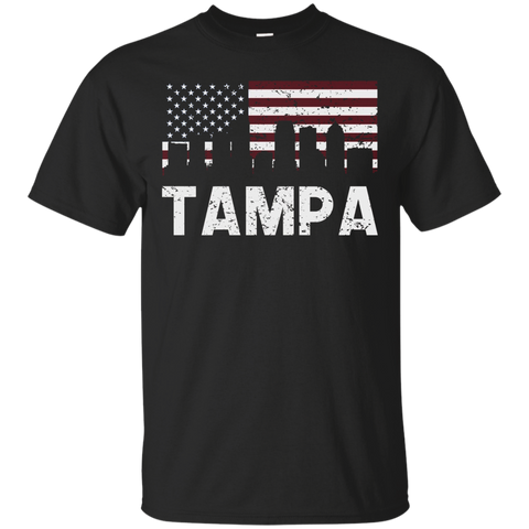 Tampa FL American Flag Skyline Distressed T-Shirt_Black