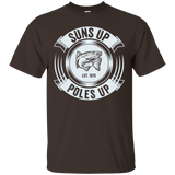 Salmon Fishing Funny Fisherman T Shirt - Suns Up Poles Up_black=