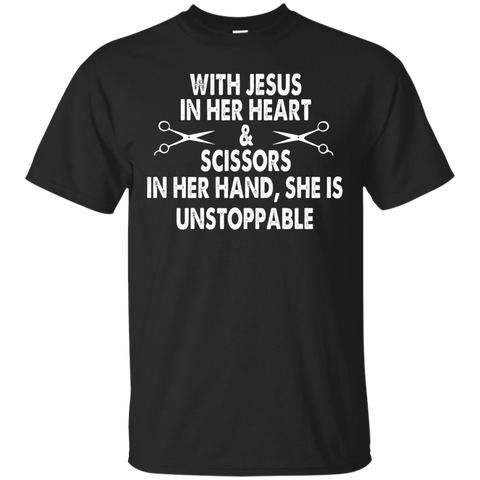 With Jesus In Her Heart And Scissors For Hairdresser T-shirt_black=