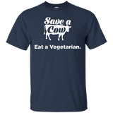 Save a Cow, Eat a vegetarian funny t-shirt_Black