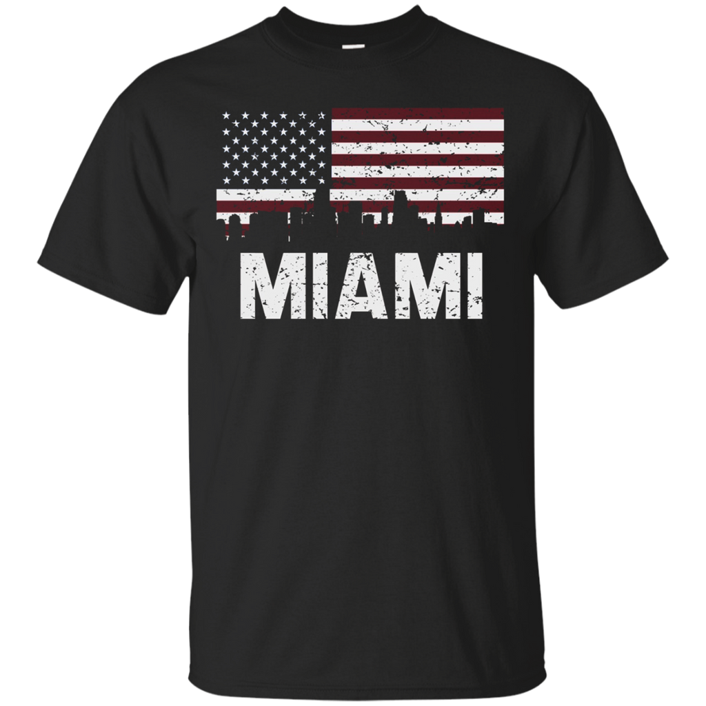 Miami FL American Flag Skyline Distressed T-Shirt_Black