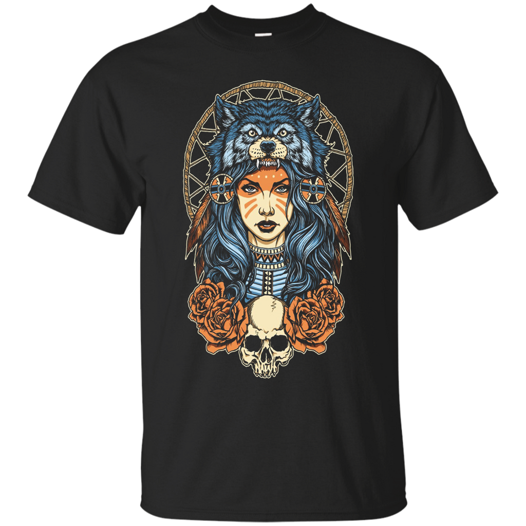 Native American girl with Wolf headdress full color t-shirt_Black