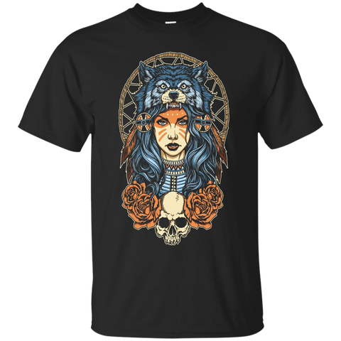 Native American girl with Wolf headdress full color t-shirt_Black
